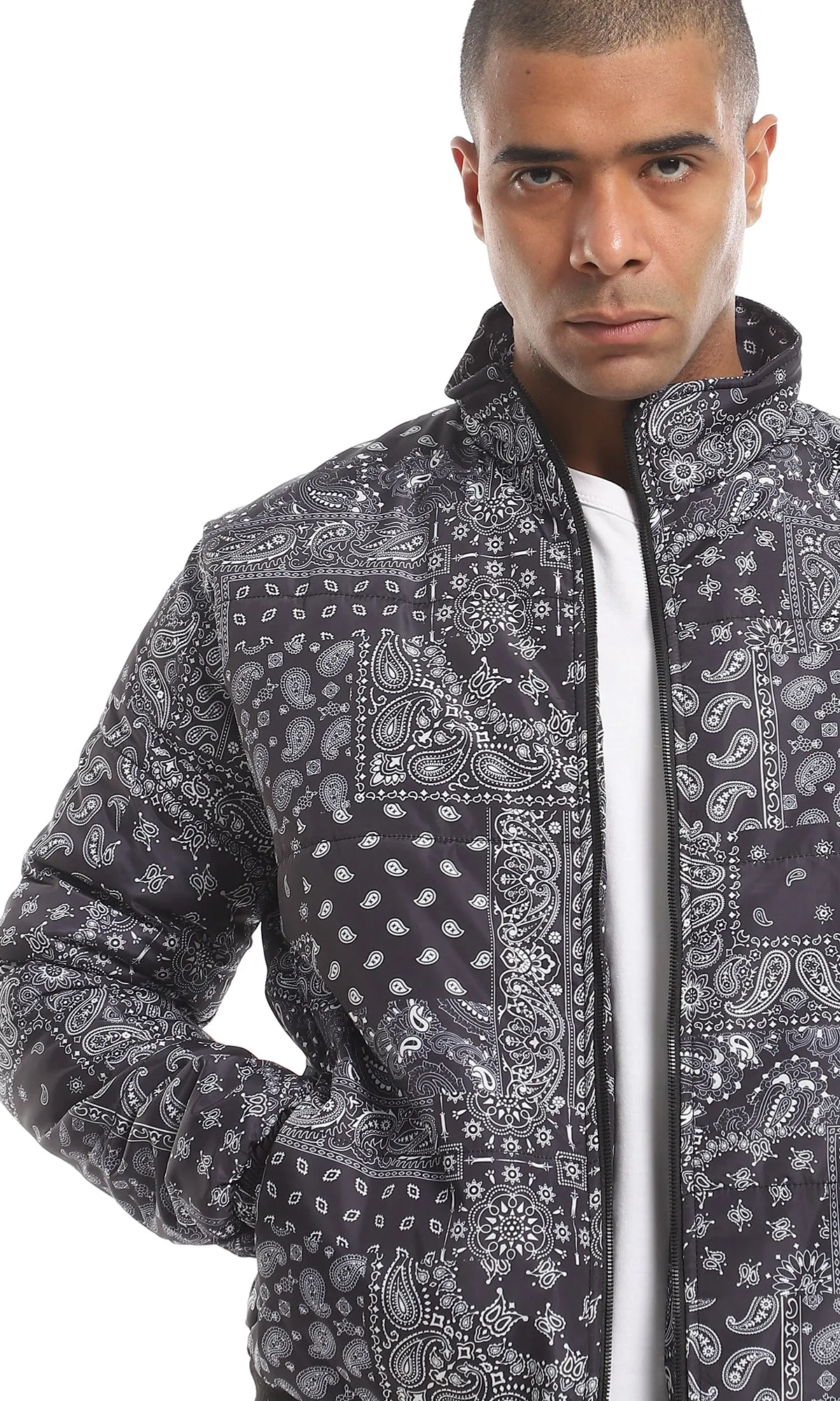 O156176 White Paisley Pattern Allover Navy Blue Bomber Jacket