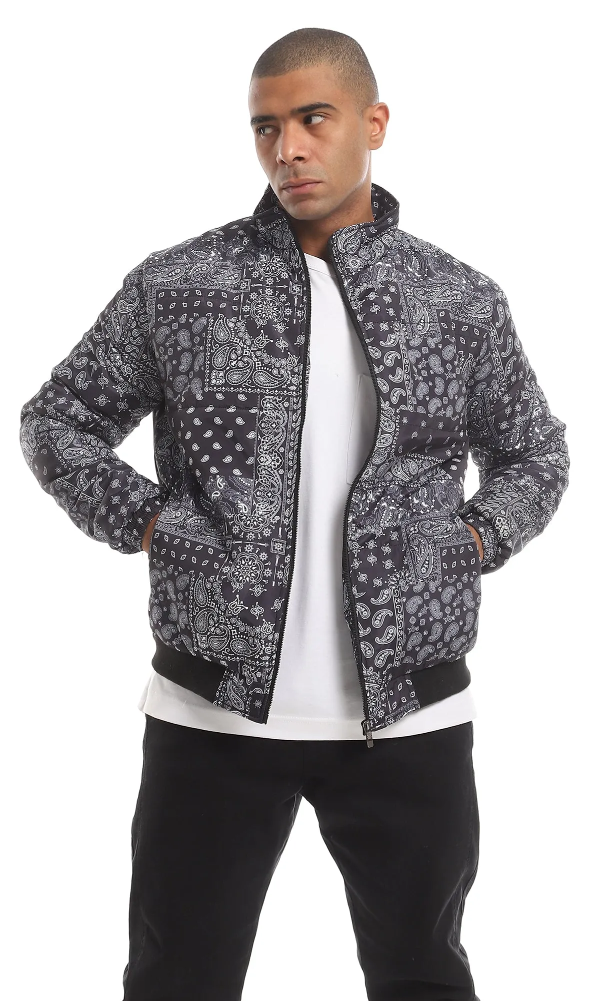 O156176 White Paisley Pattern Allover Navy Blue Bomber Jacket