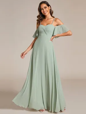 Off Shoulder Chiffon Dresses with Ruffles Sleeve In Sage Green