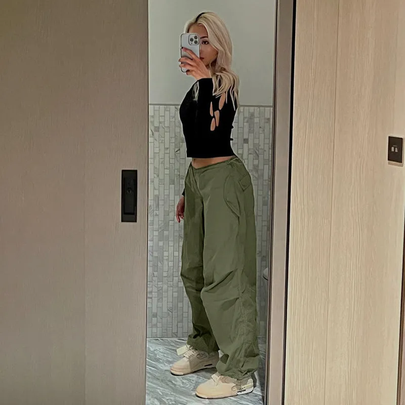 Olive Baggy Parachute Pants