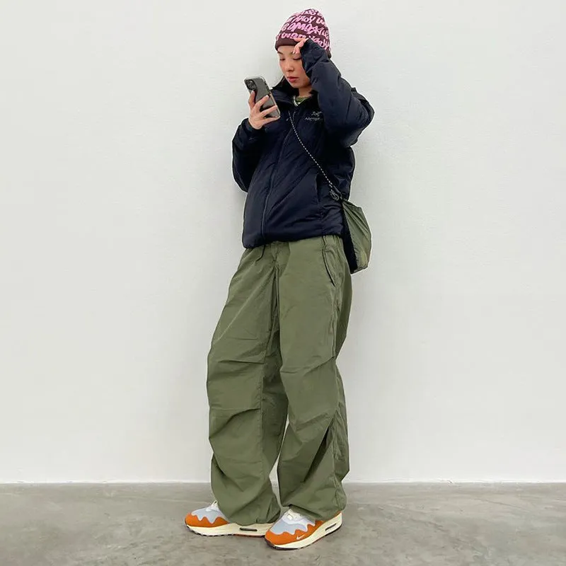 Olive Baggy Parachute Pants