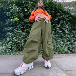 Olive Baggy Parachute Pants