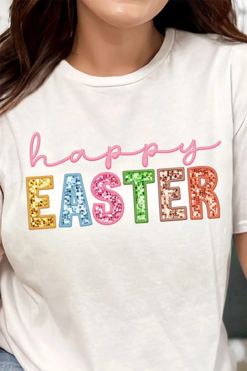 Pastel Faux Embroidery Happy Easter Transfer Short Sleeve Relaxed Fit T-Shirt