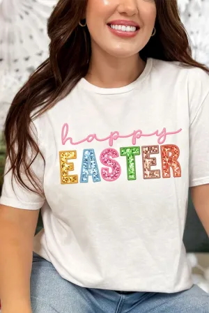 Pastel Faux Embroidery Happy Easter Transfer Short Sleeve Relaxed Fit T-Shirt