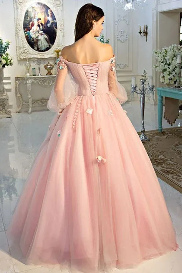 Pearl Pink Tulle Ball Gown Off-the-Shoulder Long Sleeves Prom Dresses