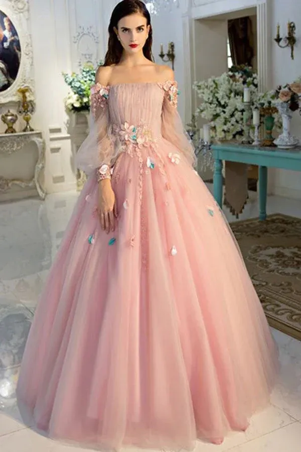 Pearl Pink Tulle Ball Gown Off-the-Shoulder Long Sleeves Prom Dresses