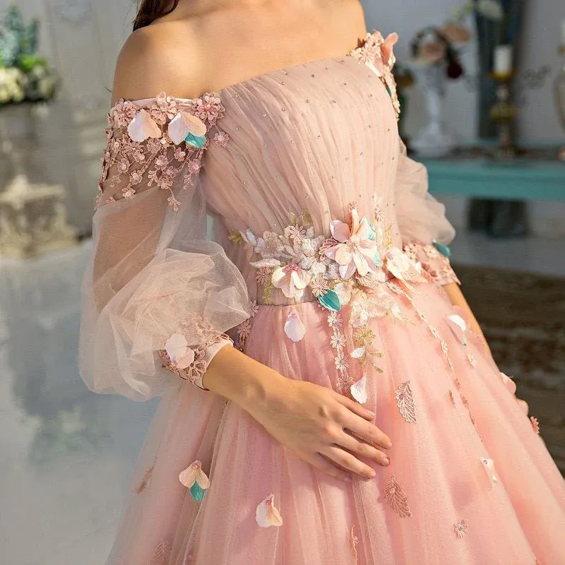 Pearl Pink Tulle Ball Gown Off-the-Shoulder Long Sleeves Prom Dresses