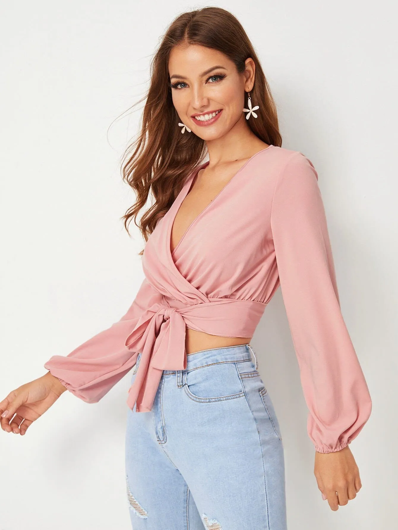 Pink V-Neck Surplice Tie Front Crop Top