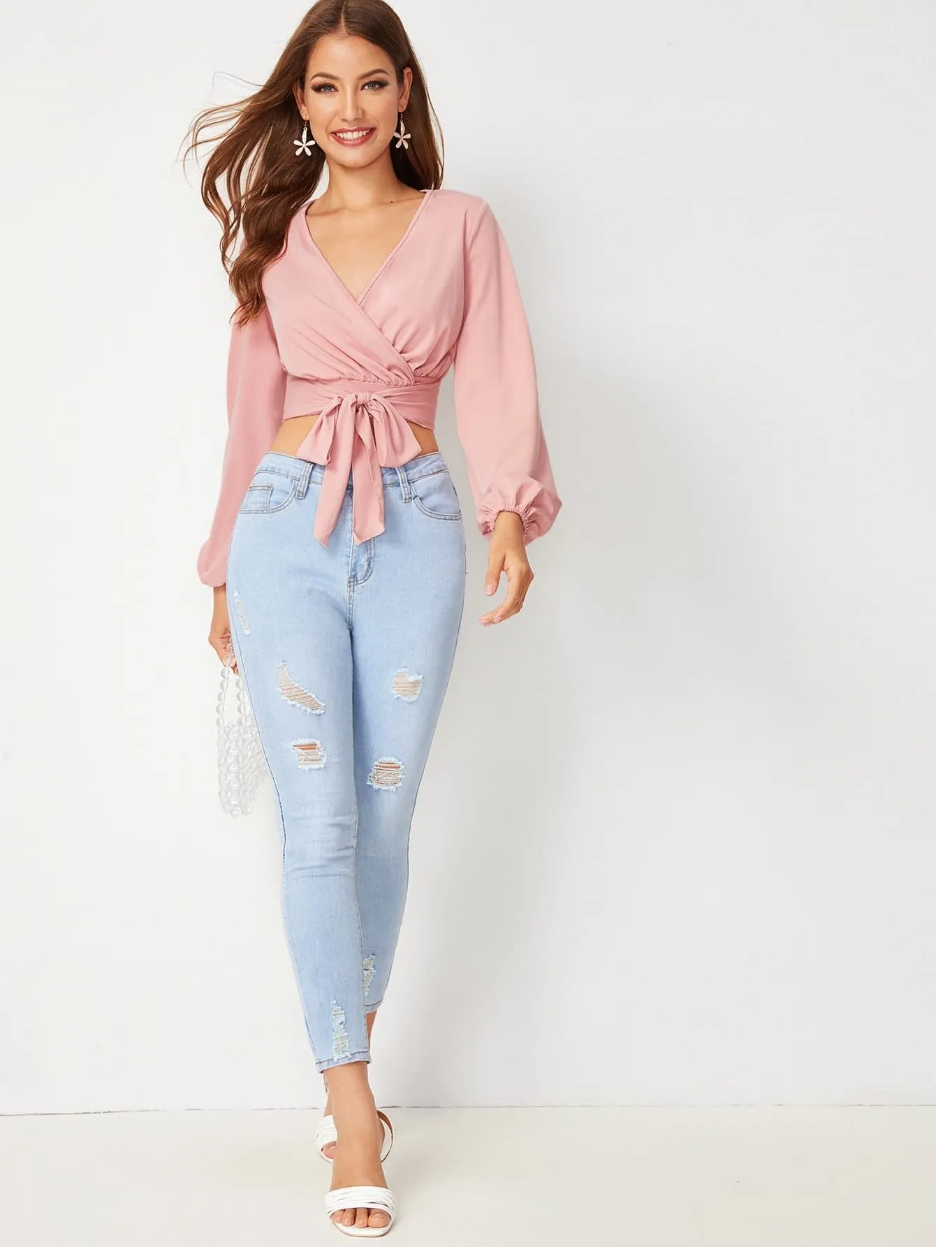 Pink V-Neck Surplice Tie Front Crop Top