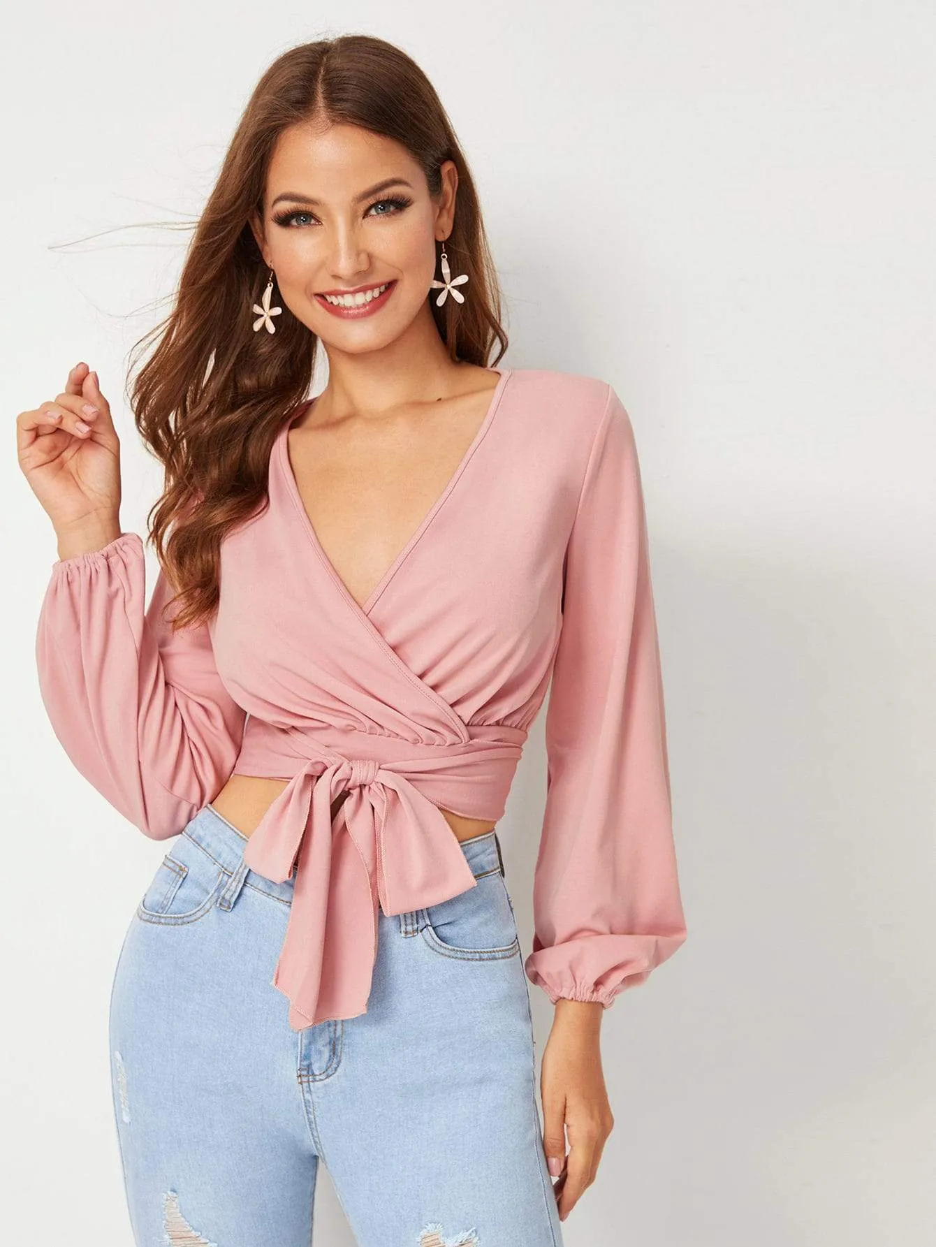 Pink V-Neck Surplice Tie Front Crop Top