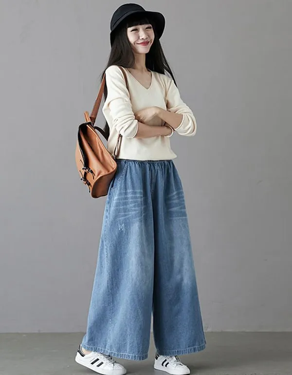 Plus Size Denim Wide-leg Pants Women