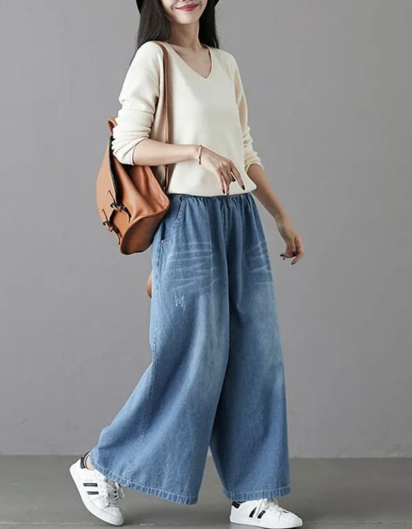 Plus Size Denim Wide-leg Pants Women