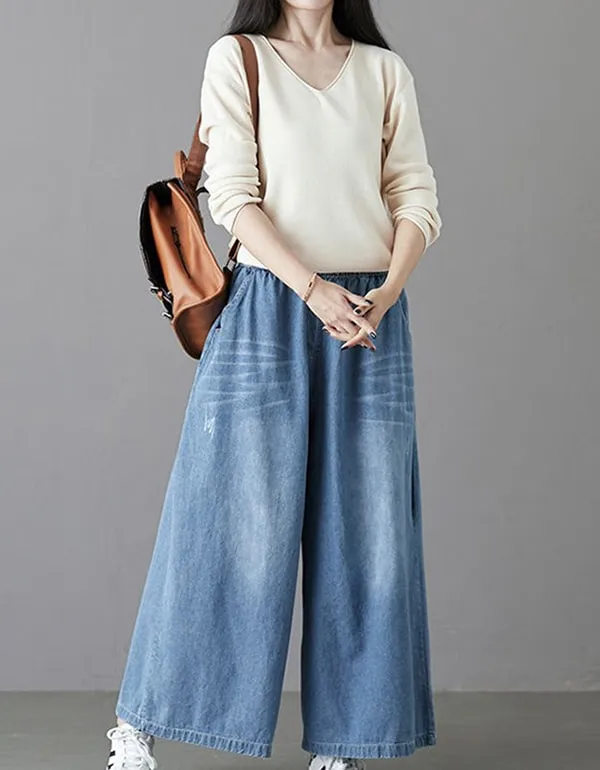 Plus Size Denim Wide-leg Pants Women