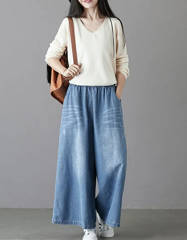 Plus Size Denim Wide-leg Pants Women