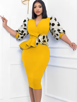 Polka Dot Sleeve V Neck Midi Dresses