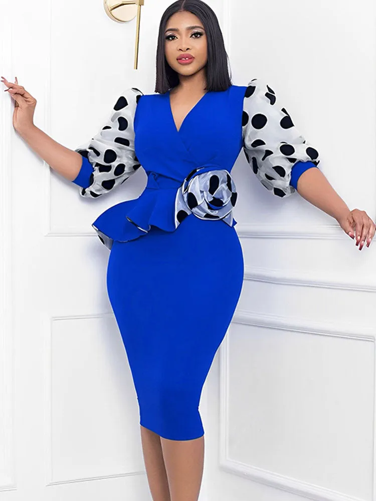 Polka Dot Sleeve V Neck Midi Dresses