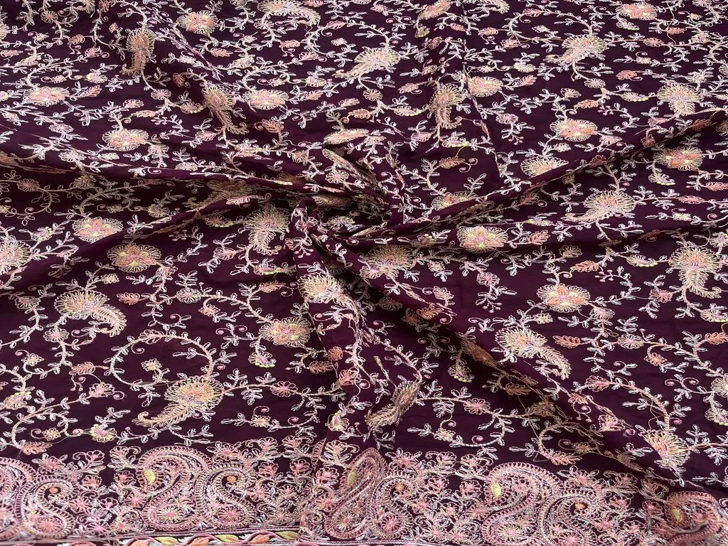 Purple Traditional Heavy Embroidered Kashmiri Work Georgette Fabric (Wholesale)