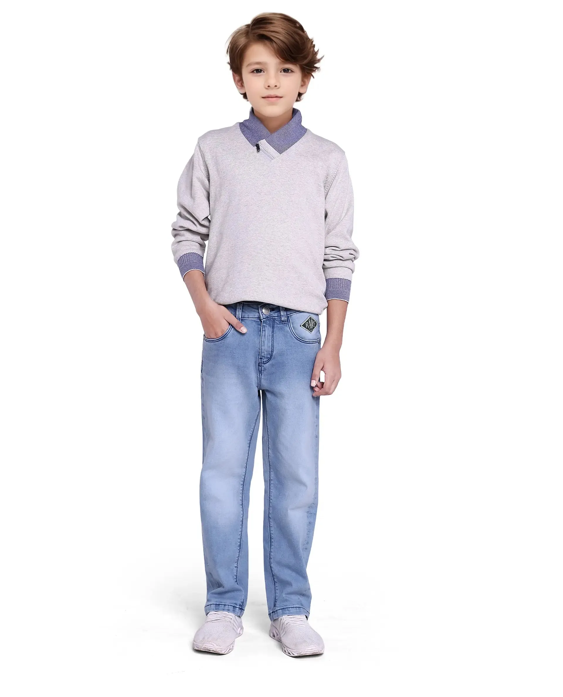 Rare Ones Kids Yosh Light Blue Cotton Relax Fit Solid Denim Pant