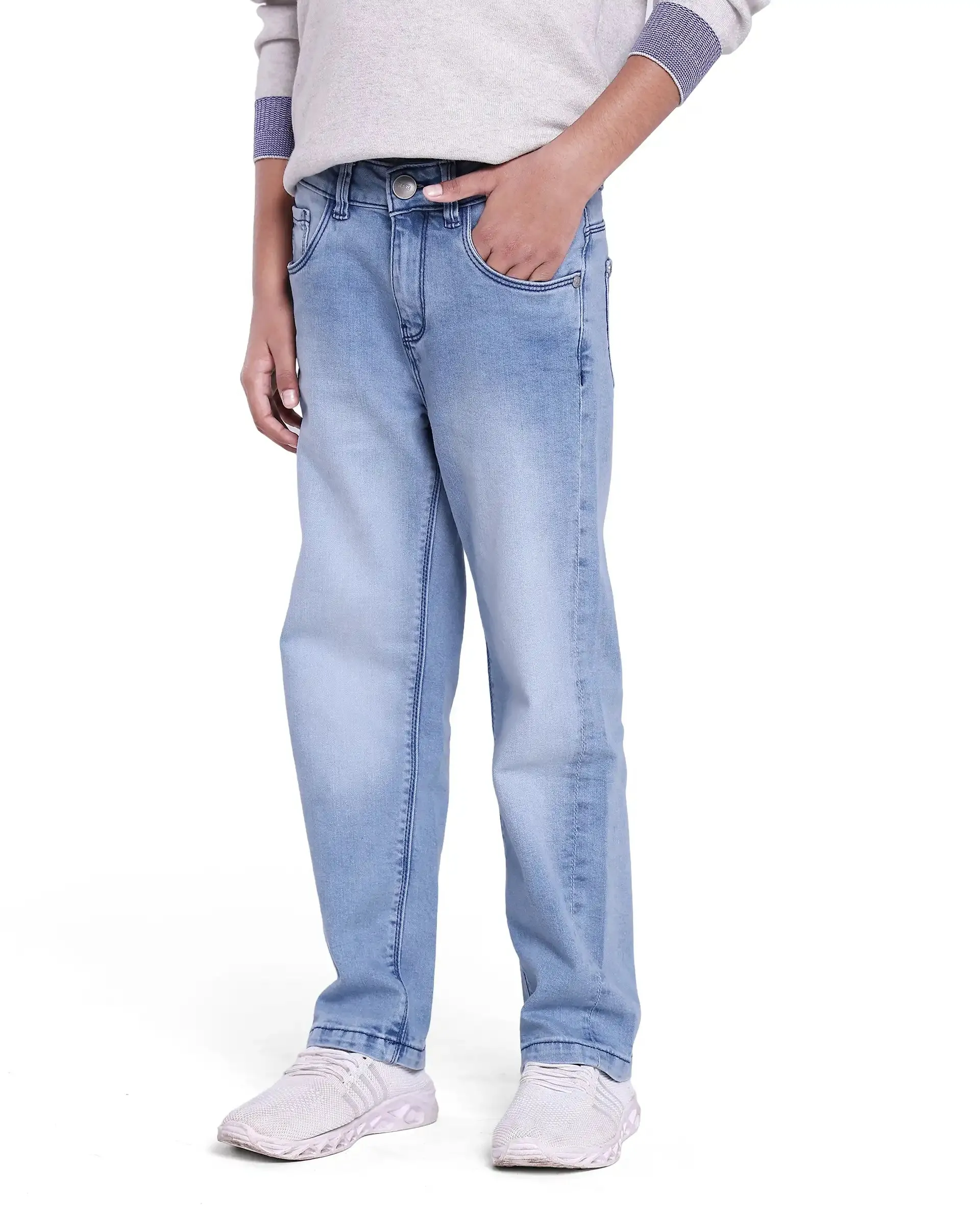 Rare Ones Kids Yosh Light Blue Cotton Relax Fit Solid Denim Pant