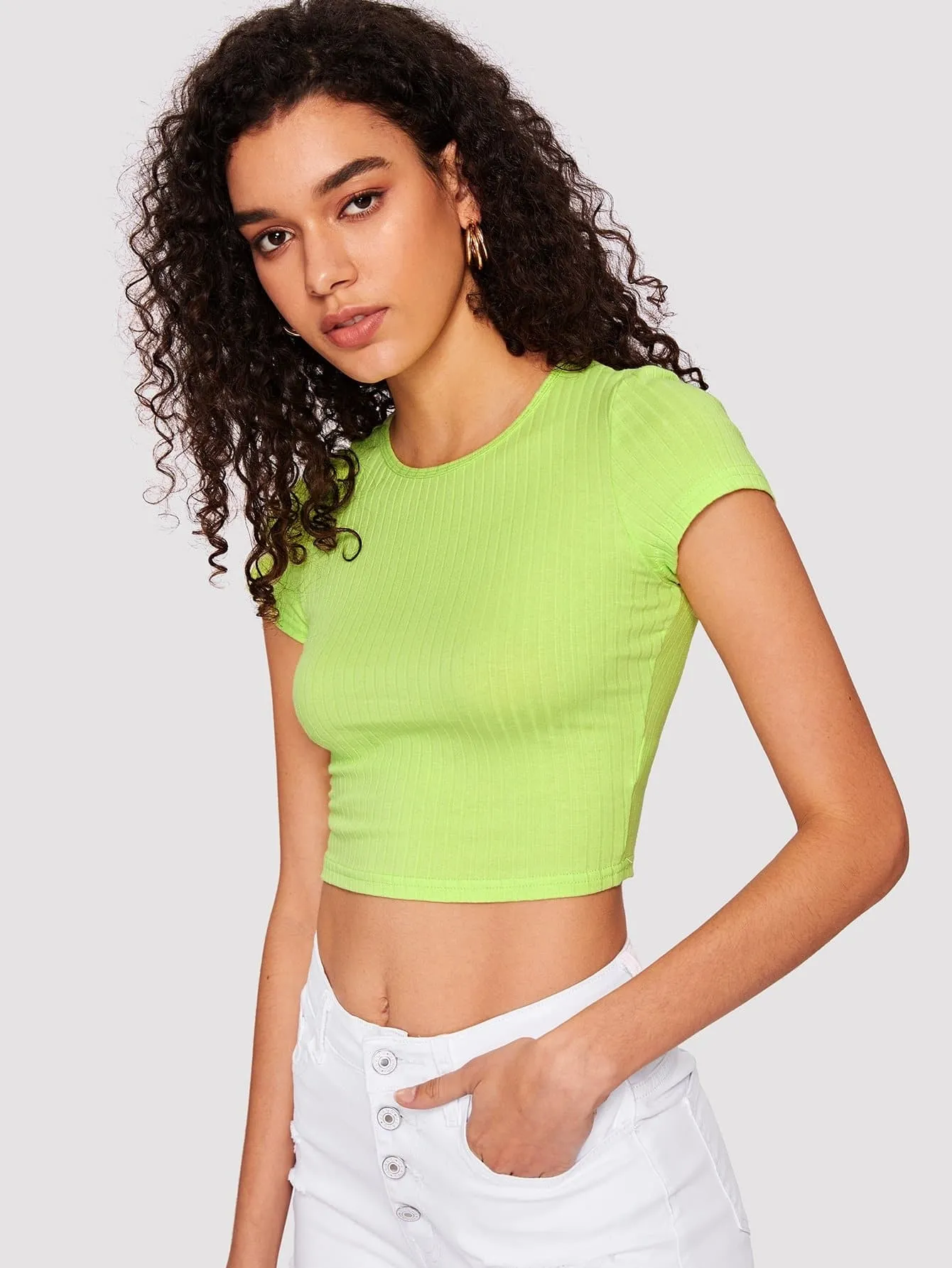 Round Neck Cap Sleeve Form Fitted Glitter Crop Top