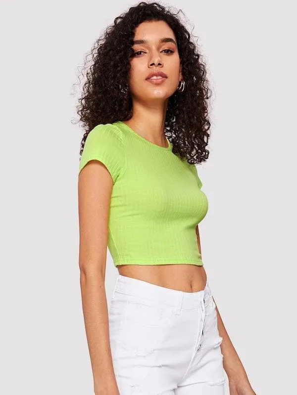 Round Neck Cap Sleeve Form Fitted Glitter Crop Top