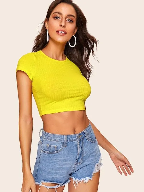 Round Neck Cap Sleeve Form Fitted Glitter Crop Top