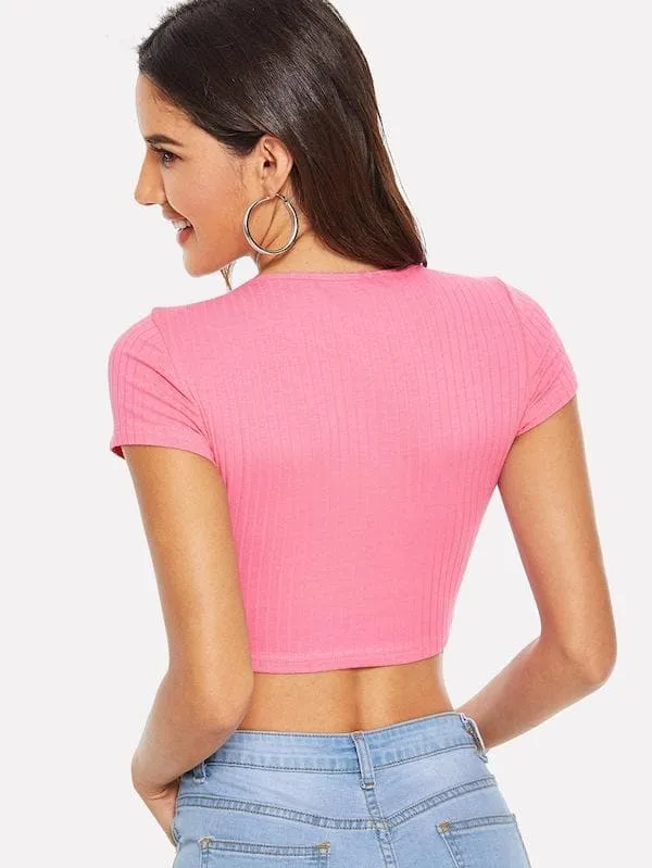 Round Neck Cap Sleeve Form Fitted Glitter Crop Top