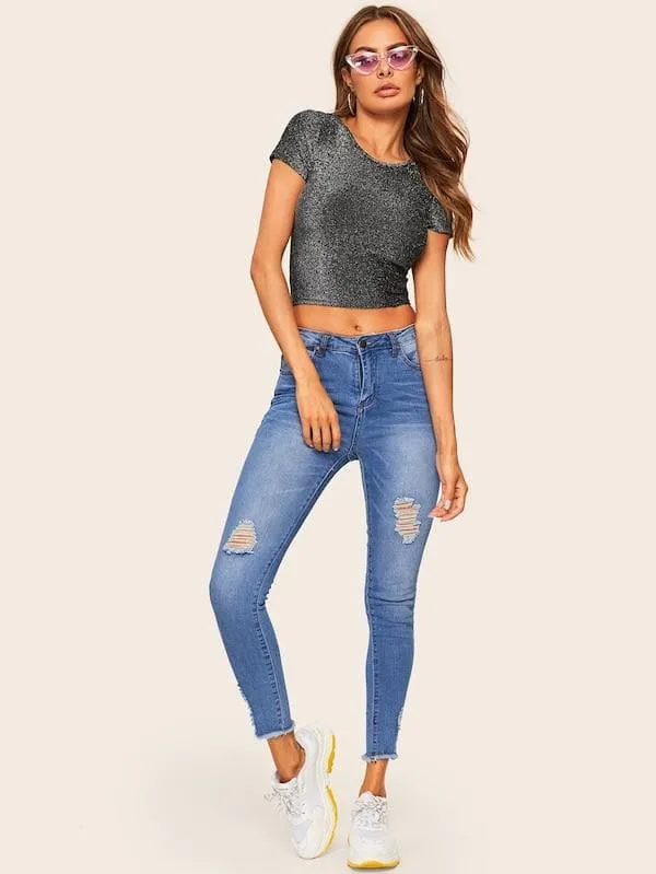 Round Neck Cap Sleeve Form Fitted Glitter Crop Top