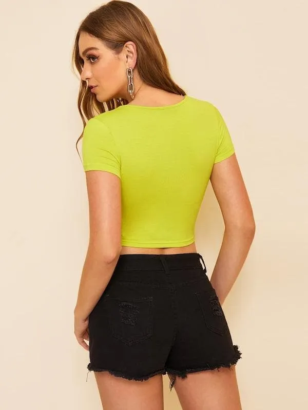 Round Neck Cap Sleeve Form Fitted Glitter Crop Top