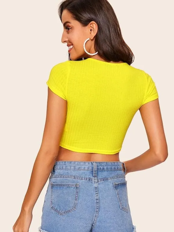 Round Neck Cap Sleeve Form Fitted Glitter Crop Top