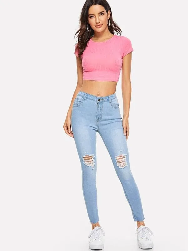 Round Neck Cap Sleeve Form Fitted Glitter Crop Top