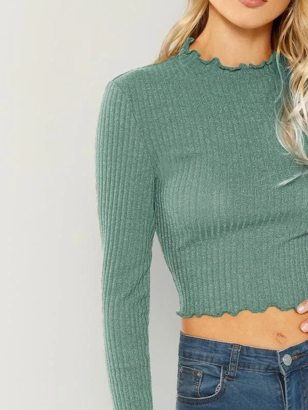 Round Neck Stretch Lettuce Trim Ribbed Crop Top