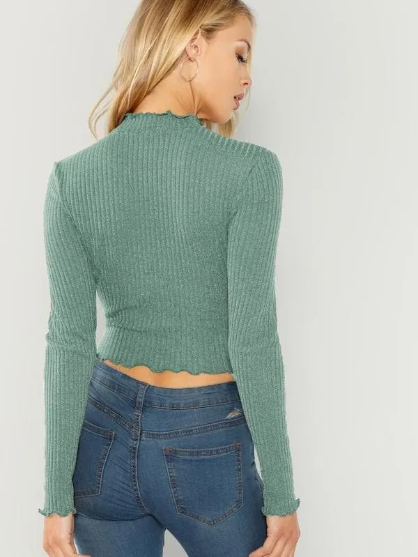 Round Neck Stretch Lettuce Trim Ribbed Crop Top