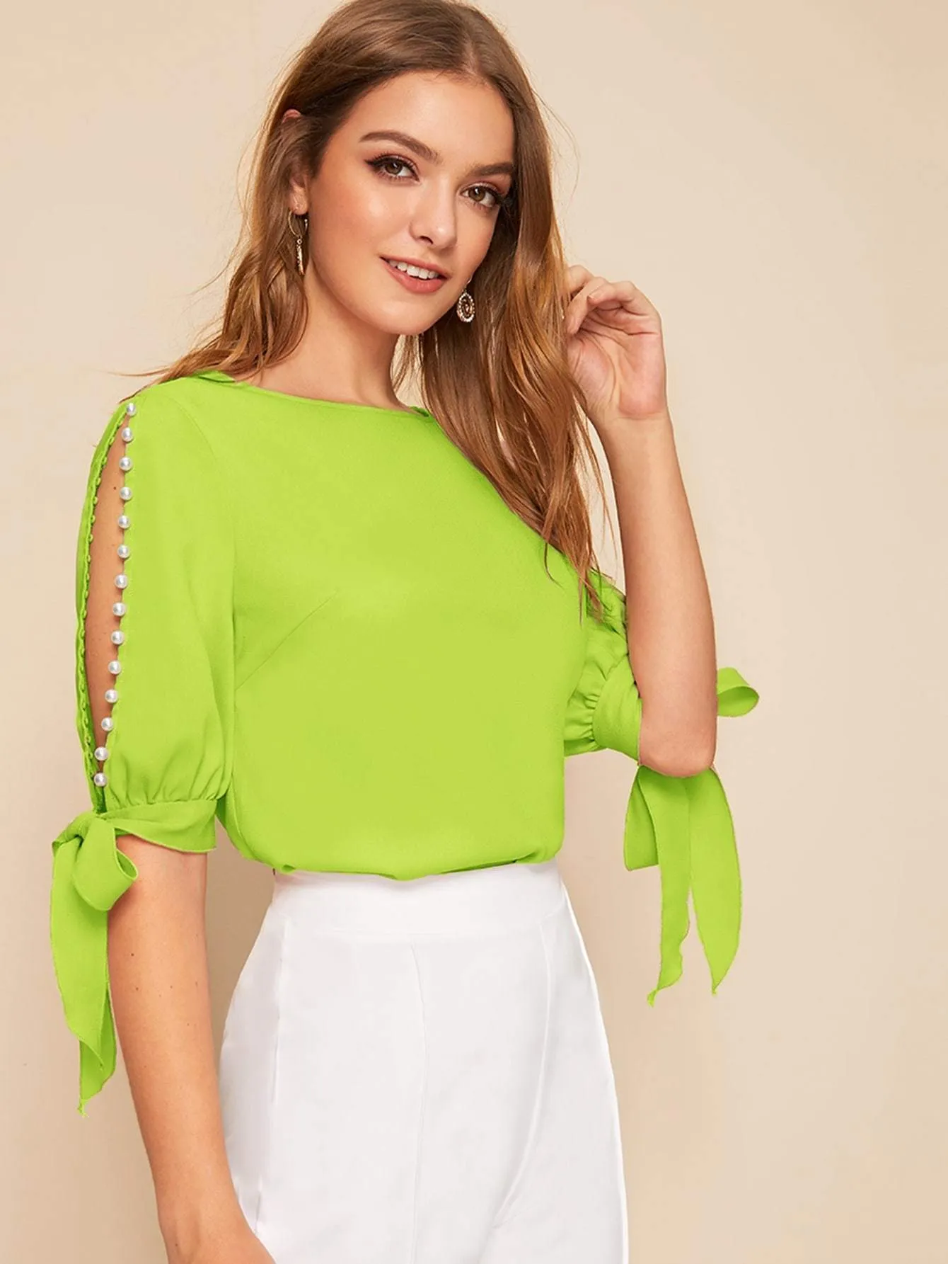 Round Neck Neon Lime Pearl Beaded Split Sleeve Knot Cuff Top