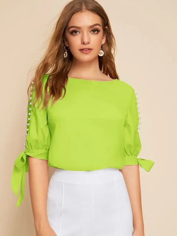 Round Neck Neon Lime Pearl Beaded Split Sleeve Knot Cuff Top