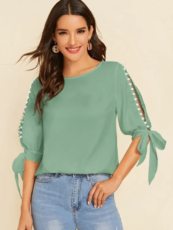 Round Neck Neon Lime Pearl Beaded Split Sleeve Knot Cuff Top