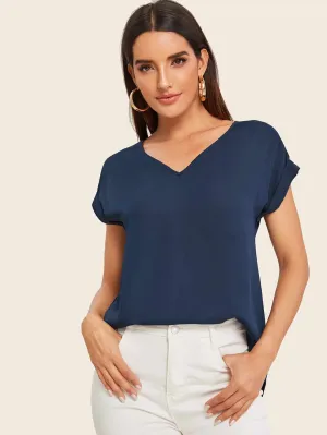 Round Neck Roll Up Sleeve High Low Hem Top