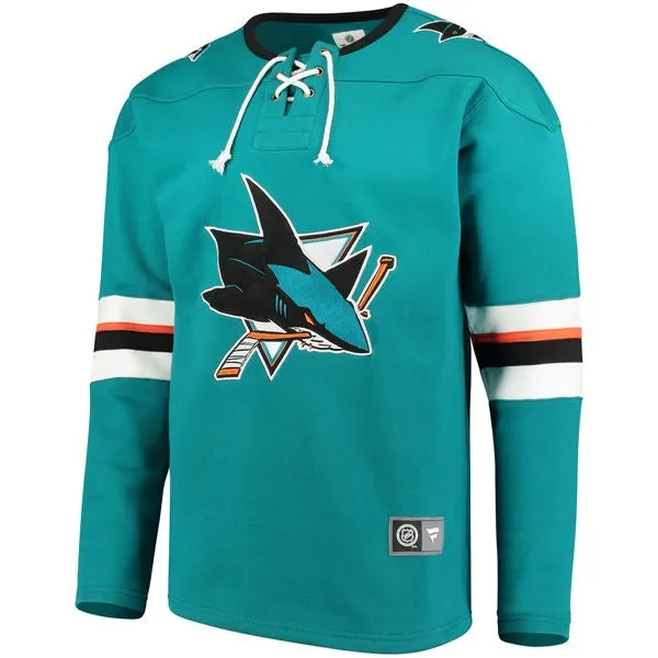 San Jose Sharks Fanatics Teal Lace Up Fleece Hockey Jersey Sweatshirt