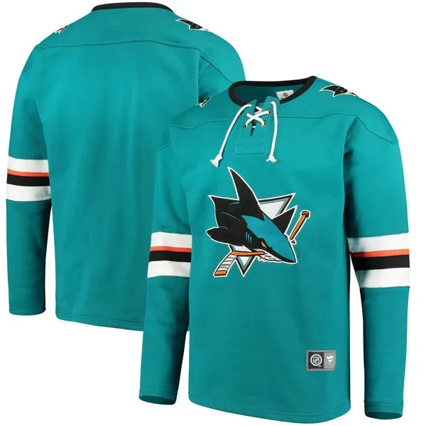 San Jose Sharks Fanatics Teal Lace Up Fleece Hockey Jersey Sweatshirt