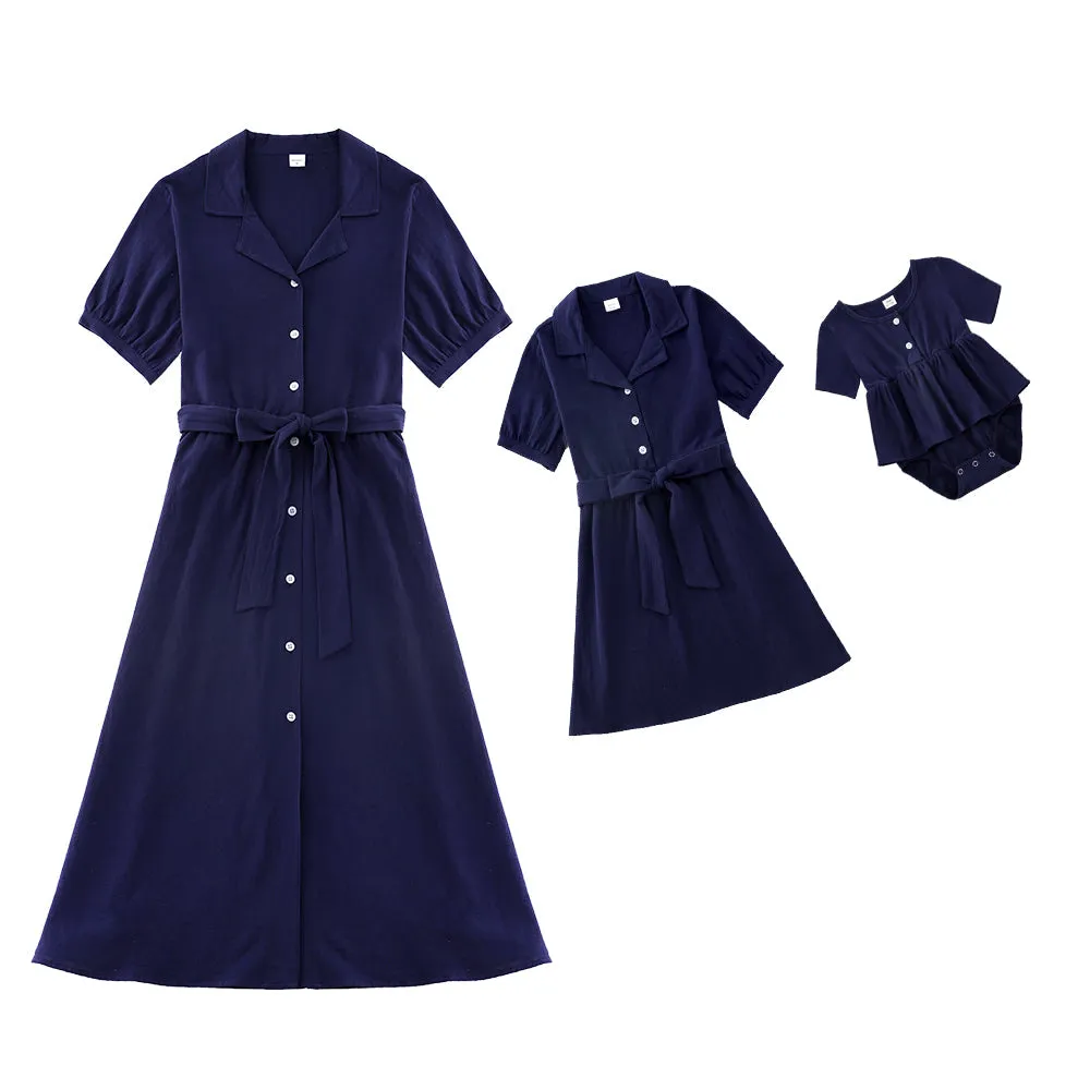 Short-sleeve Buttoned Self-Tie Jumpsuits for Mommy and Me