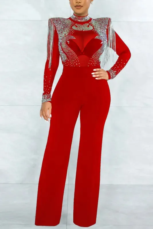 Shoulder-Padded Rhinestone Tassel Decor Jumpsuit (Without lining)