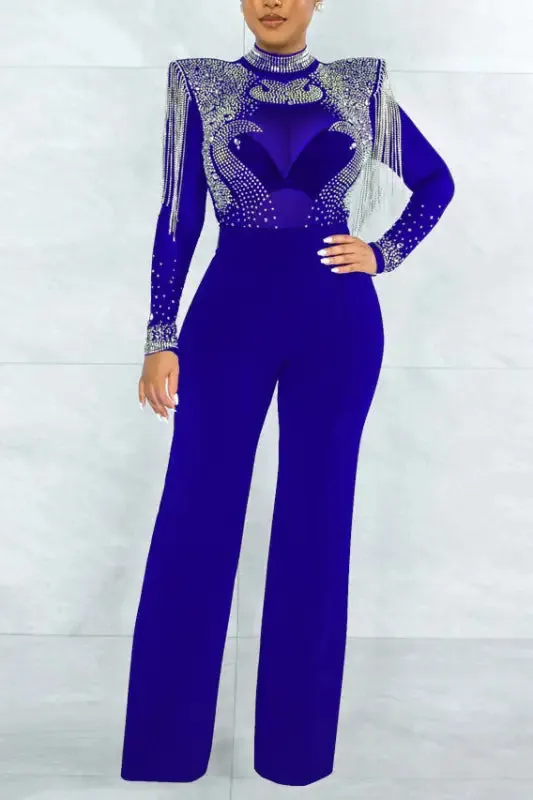 Shoulder-Padded Rhinestone Tassel Decor Jumpsuit (Without lining)