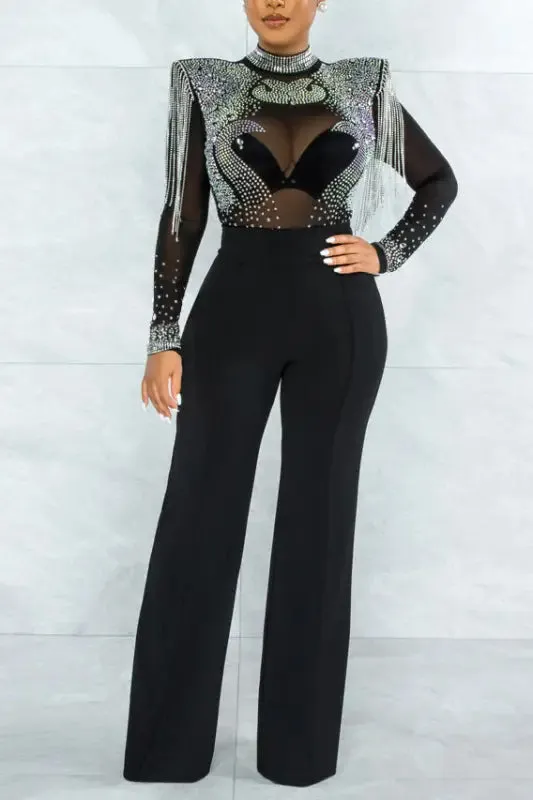 Shoulder-Padded Rhinestone Tassel Decor Jumpsuit (Without lining)