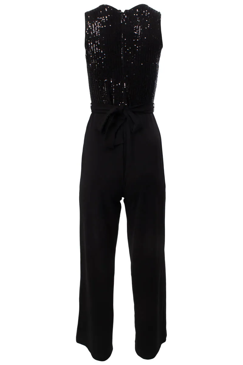 Sleeveless Sequin Crossover Jumpsuit - Black