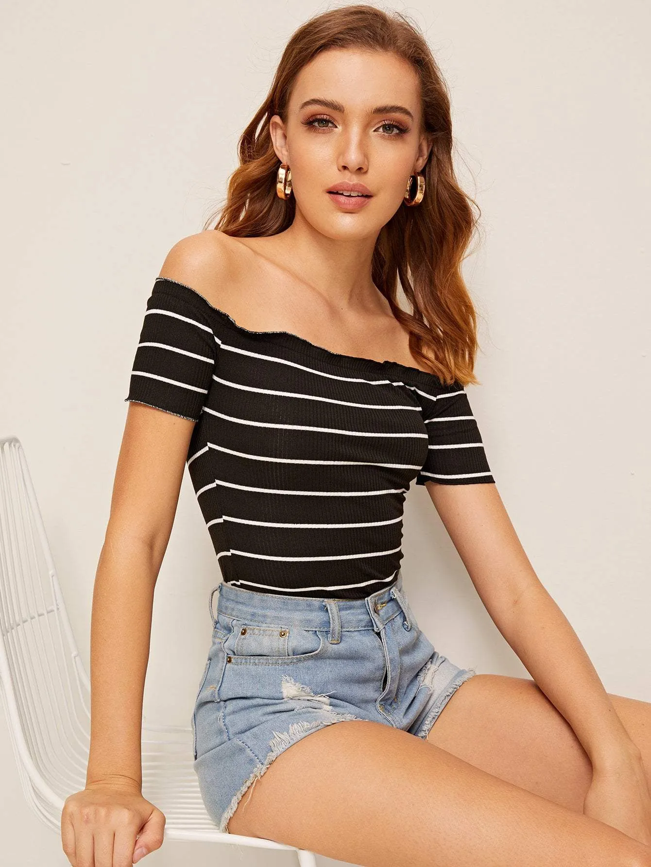 Slim Fit Off Shoulder Lettuce Trim Rib-knit Striped Top