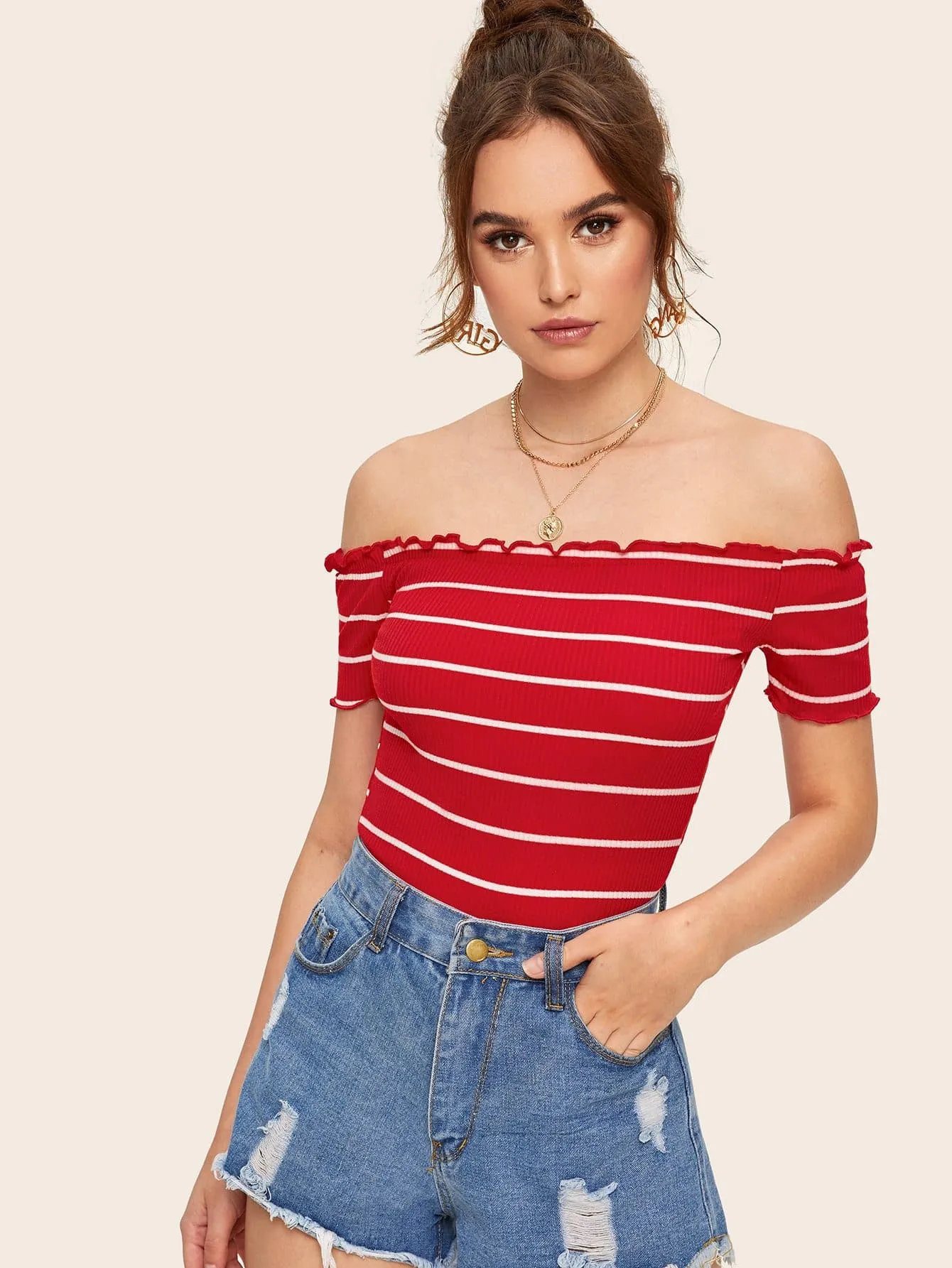 Slim Fit Off Shoulder Lettuce Trim Rib-knit Striped Top