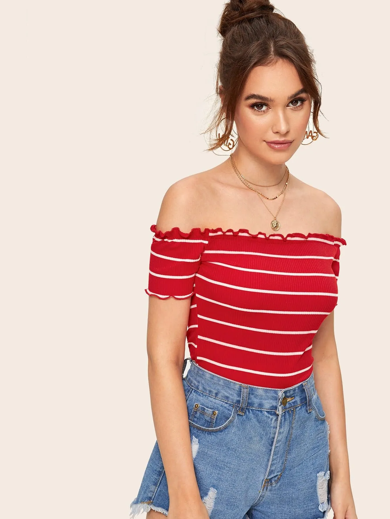 Slim Fit Off Shoulder Lettuce Trim Rib-knit Striped Top