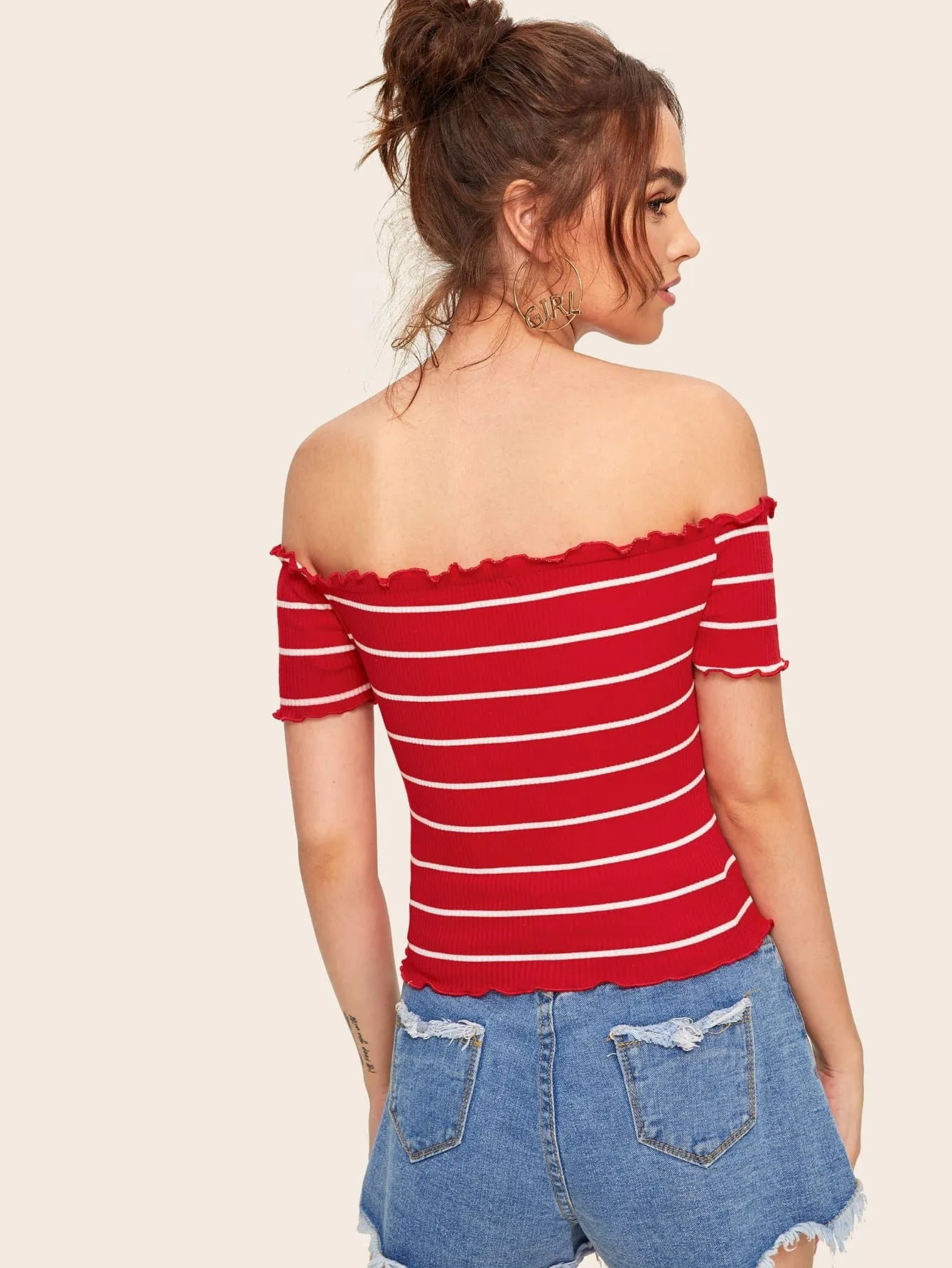 Slim Fit Off Shoulder Lettuce Trim Rib-knit Striped Top