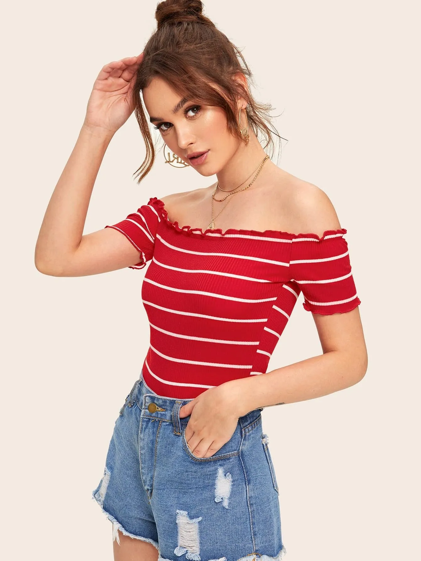 Slim Fit Off Shoulder Lettuce Trim Rib-knit Striped Top