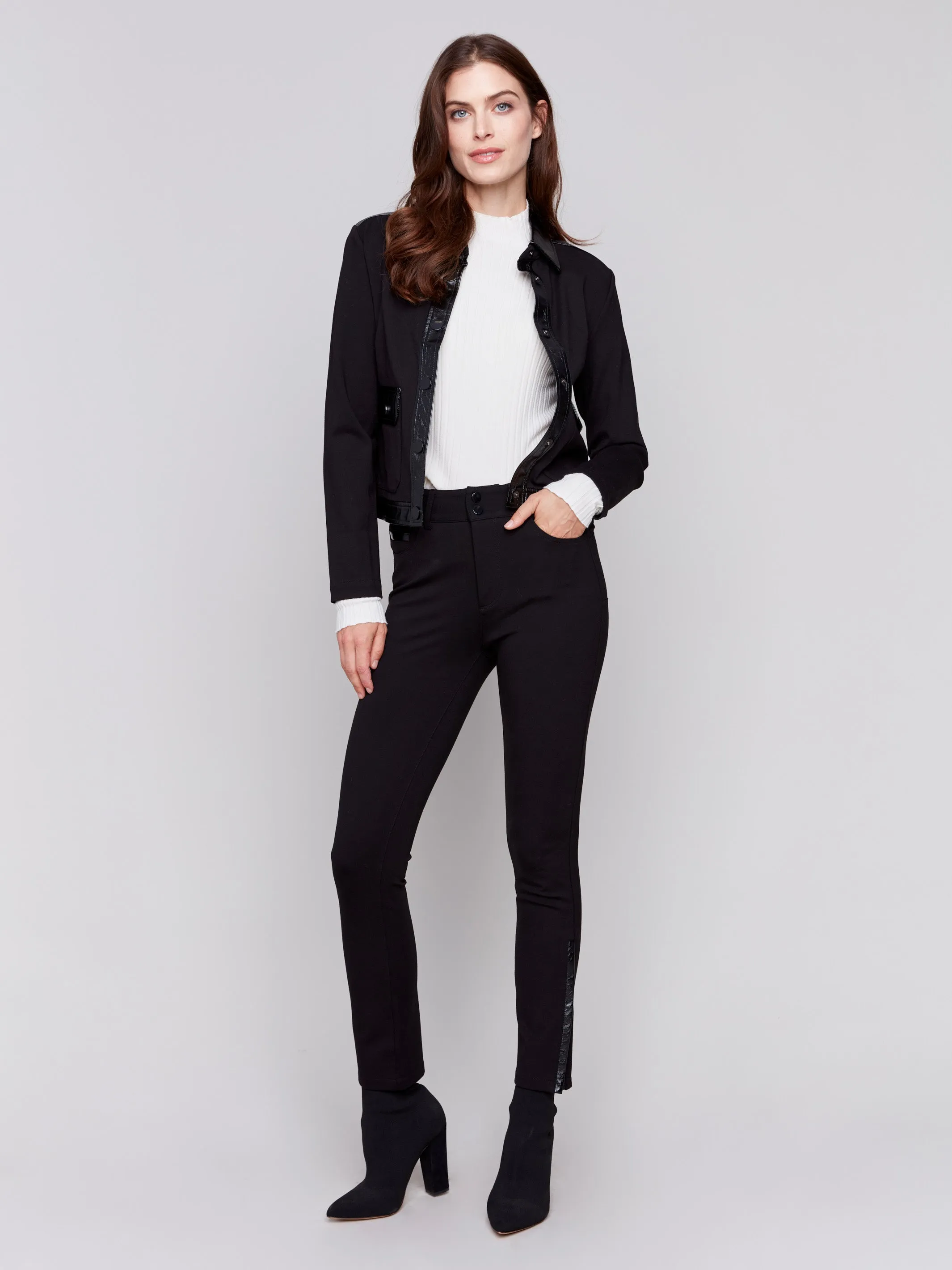 Slim Ponte Pants With Side Vinyl Detail - Black